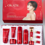 O'KADY Radiant Red Anti-Aging 9-Piece Skincare Set, Yeast Ferment Brightening Facial Kit with Vibrating Massage Tool for Dull Dry Skin