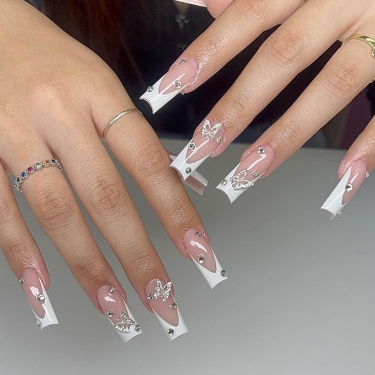 0M6YAJTBS68G6VJ23B9HK1V55F Diamond Butterfly Long Coffin Press On Nails, Classic White French Tip Silver Rhinestone Butterfly Fake Nail Tips 24PCS Minimal Salon Manicure Fast Shipping From US-LAX Warehouse - Image 1