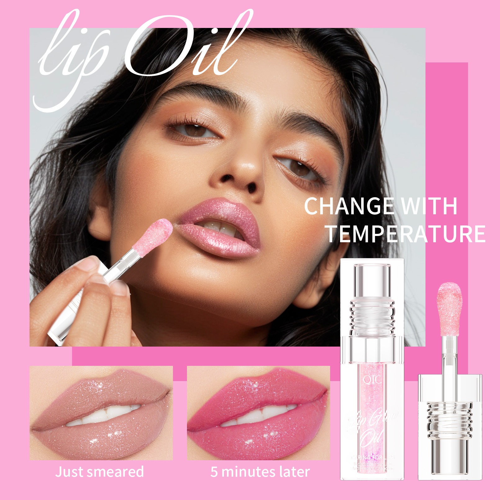 2R1NFTKYNA83AA3MSK143ER2SN QIC Temperature Color Changing Lip Gloss Oil 01 Pink Shimmer Glitter Lip Plumper, Moisturizing Long Lasting Lip Tint Fast Shipping From US-LAX Warehouse - Image 1
