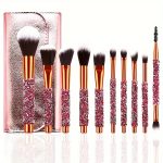 10 Pcs Diamond Handle Makeup Brush Set With PU Storage Bag, Soft Nylon Synthetic Brushes For Foundation Blush Eyeshadow Complete Cosmetic Kit