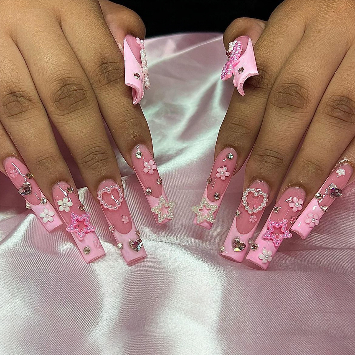 5JZEB0BHXF9QMAZBASMPGZYR5M Pearl Love Star Long Coffin Press On Nails, Pink Gradient Heart Rhinestone Star 3D Floral Fake Nail Tips 24PCS Sweet Salon Manicure Fast Shipping From US-LAX Warehouse - Image 1
