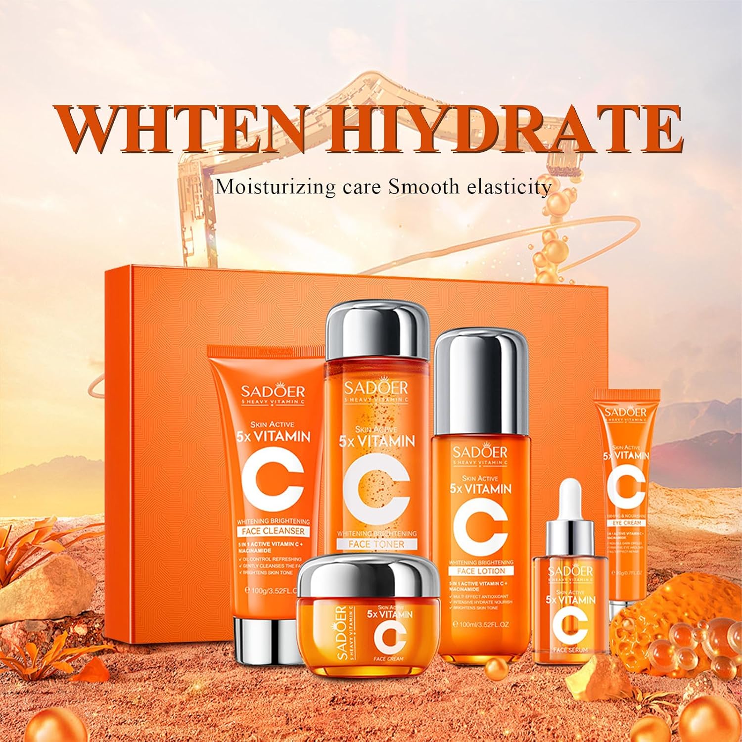 5R8F1Z7XR98C18GBN1QTJV969G SADOER 5X Vitamin C 6 in 1 Facial Skincare Gift Set, Hydrating Glow Skin Care Kit With Cleanser Toner Serum Eye Cream Lotion Face Cream For Women Fast Shipping From US-LAX2 Warehouse - Image 1