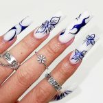 24pcs Long Square Tube Press On Nails, Blue Butterfly Flame Design White False Nail Tips, Reusable Hand Nail Art, Fast Shipping From US-LAX Warehouse