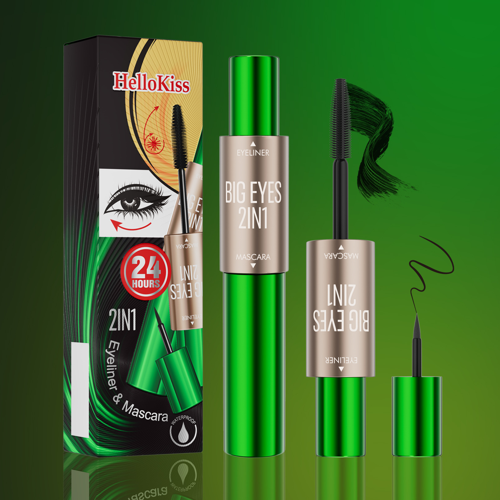 7D9GSMFYZE8T8RD3CDNJCZCWF6 HelloKiss 2 In 1 Mascara & Liquid Eyeliner, Waterproof Smudge Proof Lash Lengthening Volumizing Curling Eye Makeup Fast Shipping From US-LAX Warehouse - Image 1